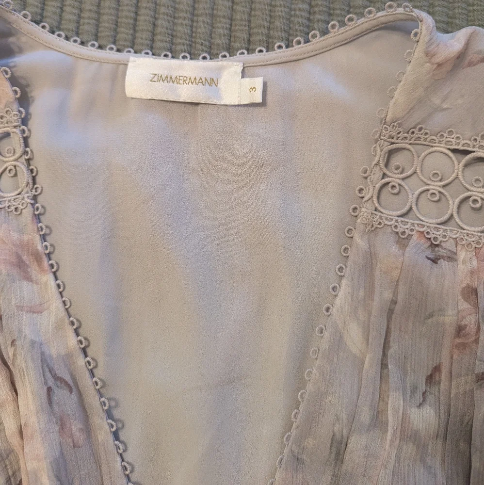Zimmermann Iris Floral Eyelet Pink Grey Dusty Pastel Silk Lace Trim Blouse Sz 3 - Picture 12 of 13